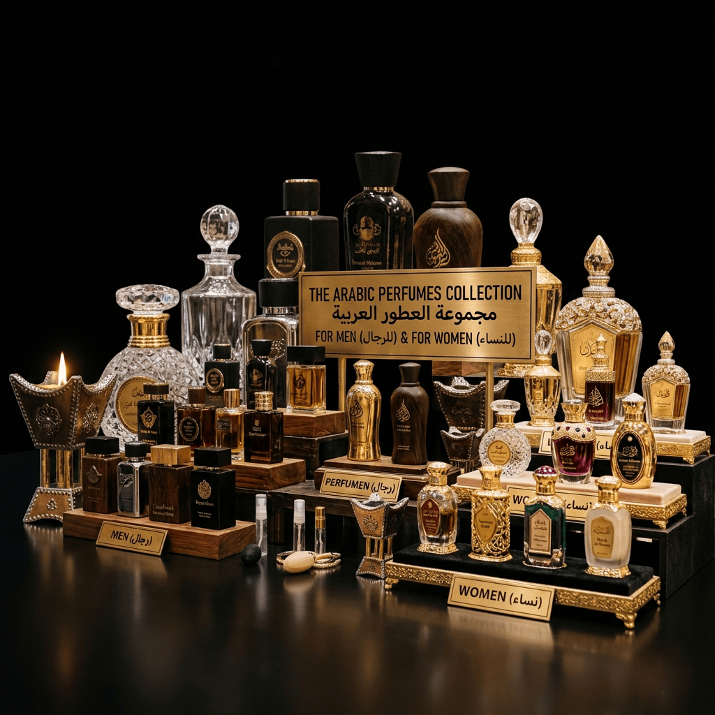 Display of Arabic perfumes for men, women, and gentlemen with ornate bottles and wooden stands in a market setting